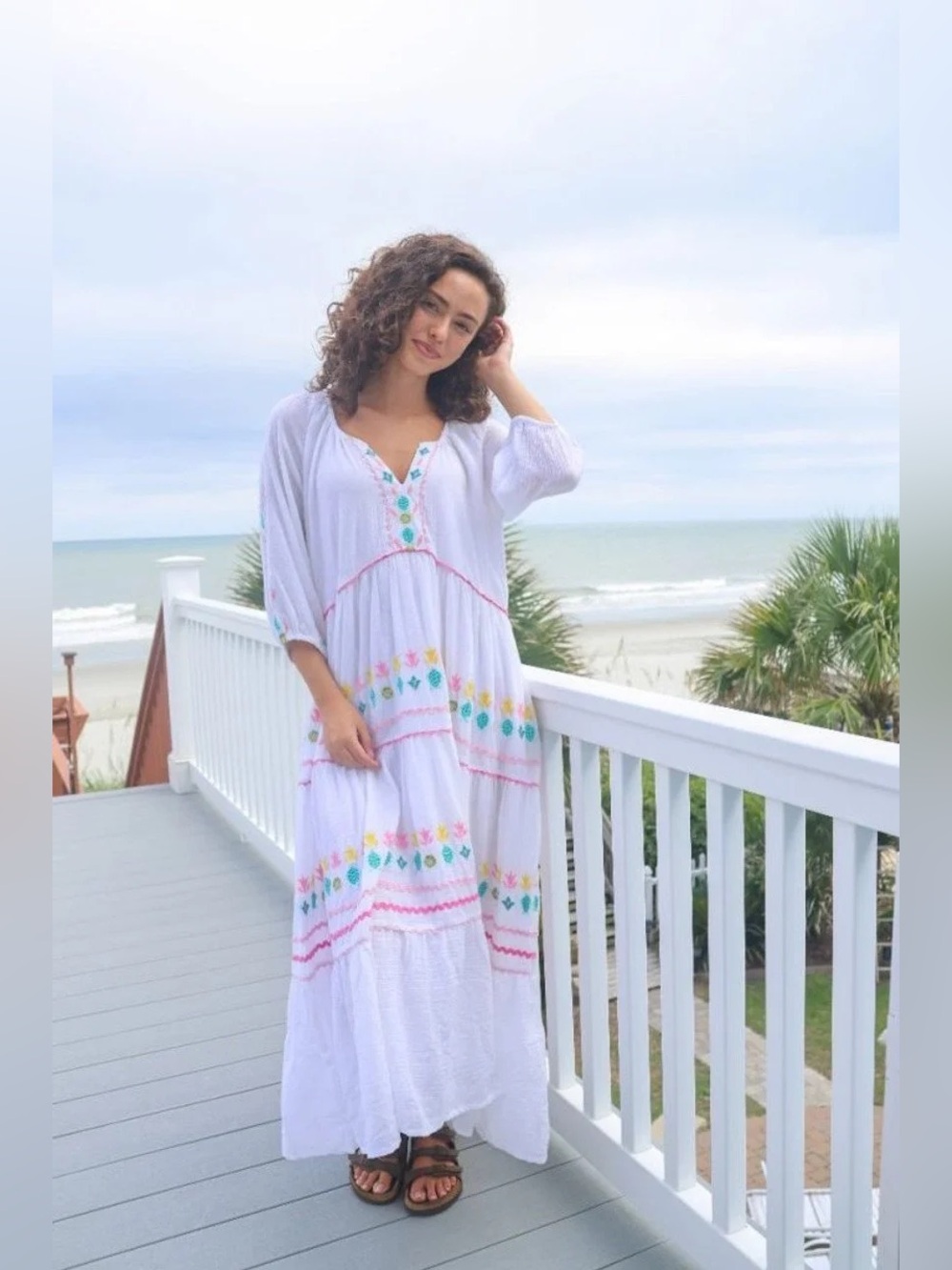 Simply Southern White Cotton Gauze Embroidered Sea Turtle Tiered Maxi Dress